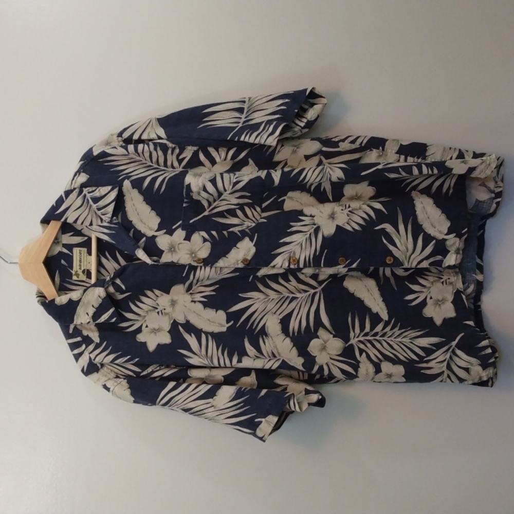 Havana Cafe XL Silk/Linen Cream & Blue Aloha Shirt